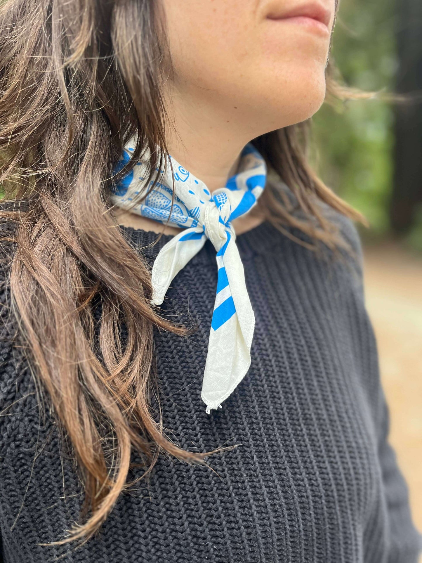 Person wearing a blue and white patterned scarf around their neck with a blurred natural background