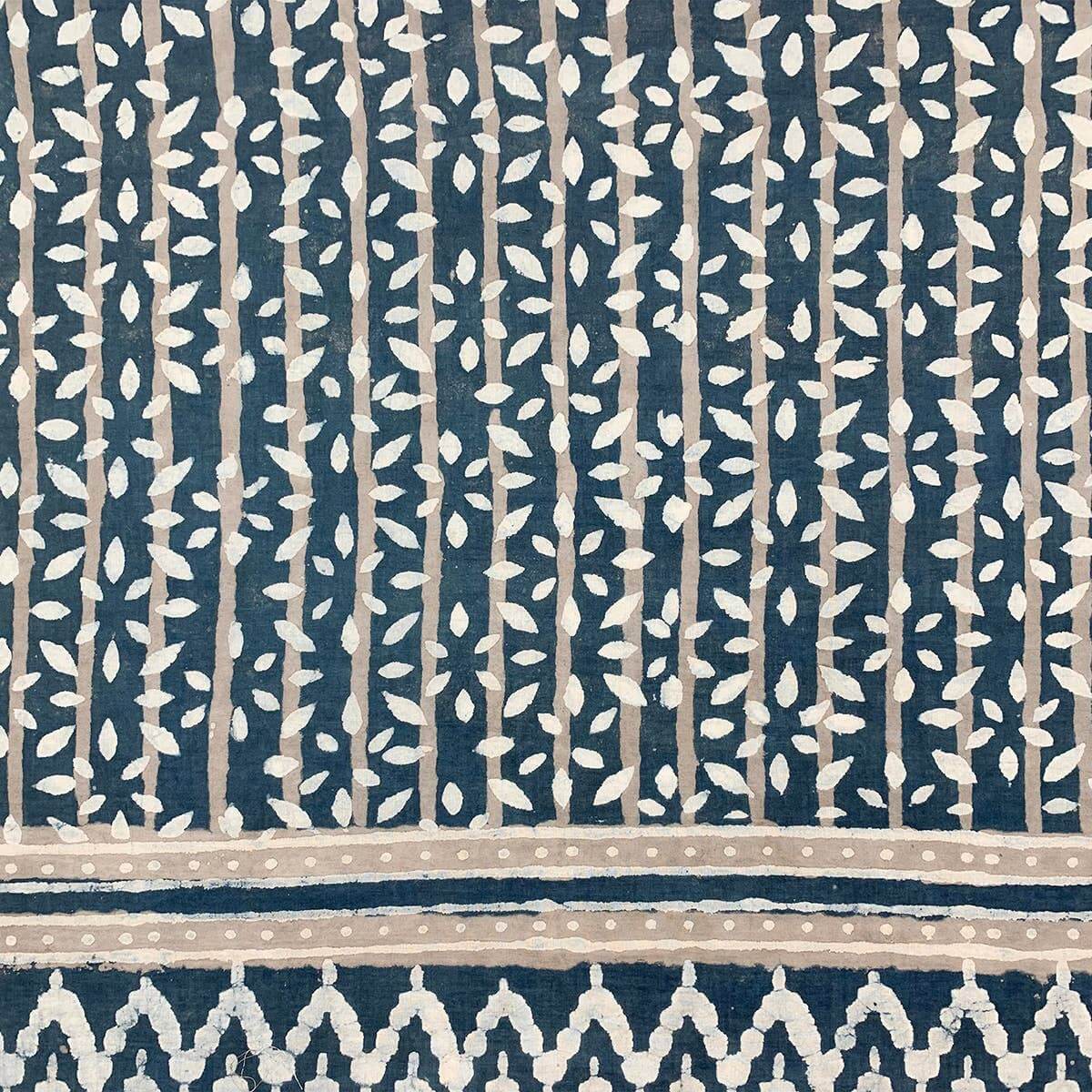 Block Printed Cotton Scarf - Navy and Taupe Leafy Stripes