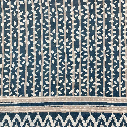 Block Printed Cotton Scarf - Navy and Taupe Leafy Stripes