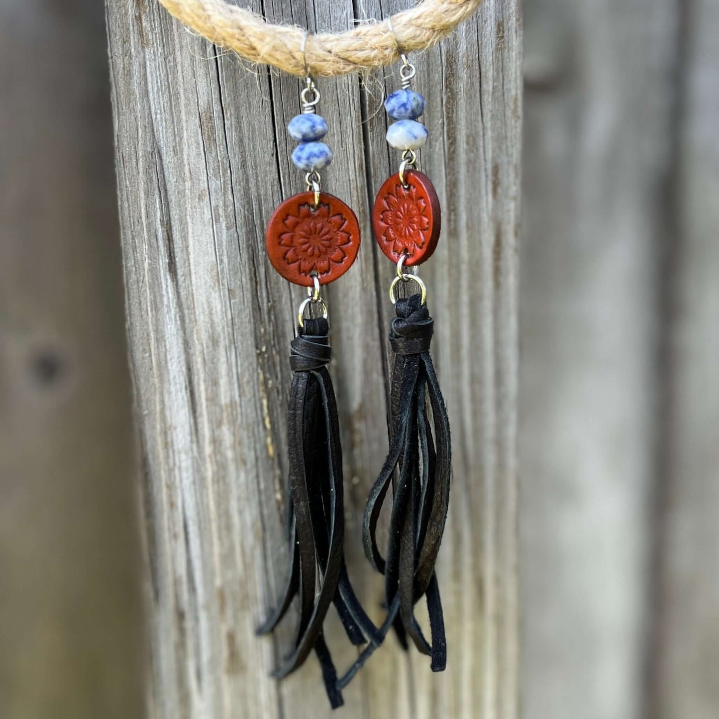 Black Leather Tassel Earrings with Blue Spot Jasper