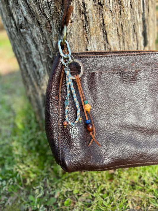 boho beaded bag charm with wood beads and ring