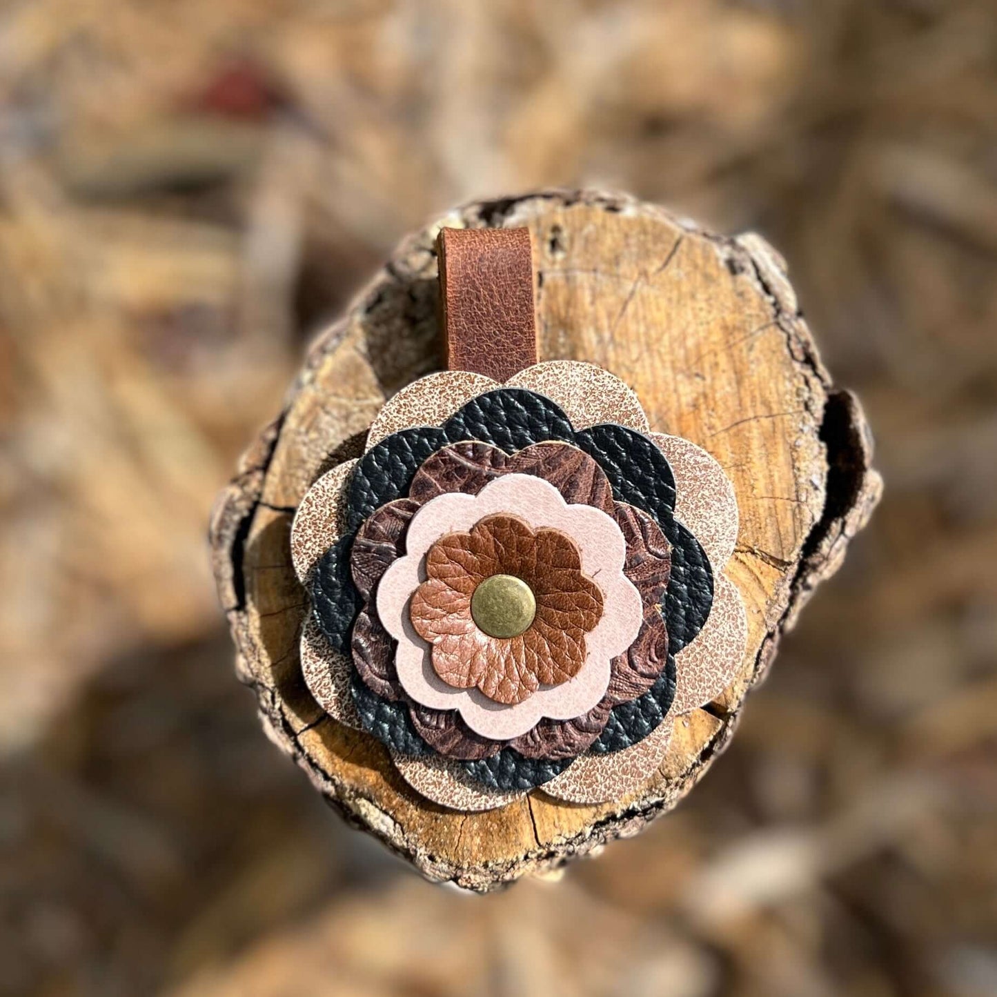 Leather Flower Bag Charm - Shades of Brown and Black