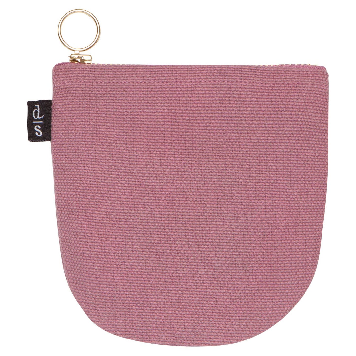 Pink fabric pouch with a key ring on a white background