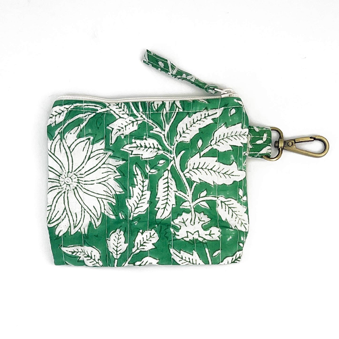 Green pouch with white floral pattern on a white background