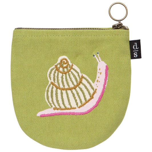 Green pouch with embroidered snail design on a white background