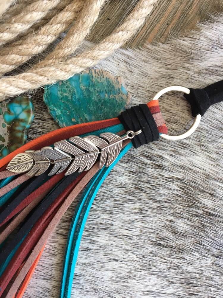 Southwestern Boho Tassel Bag Charm in Deep Turquoise, Orange, Red, Brown and Black + Feather Charm