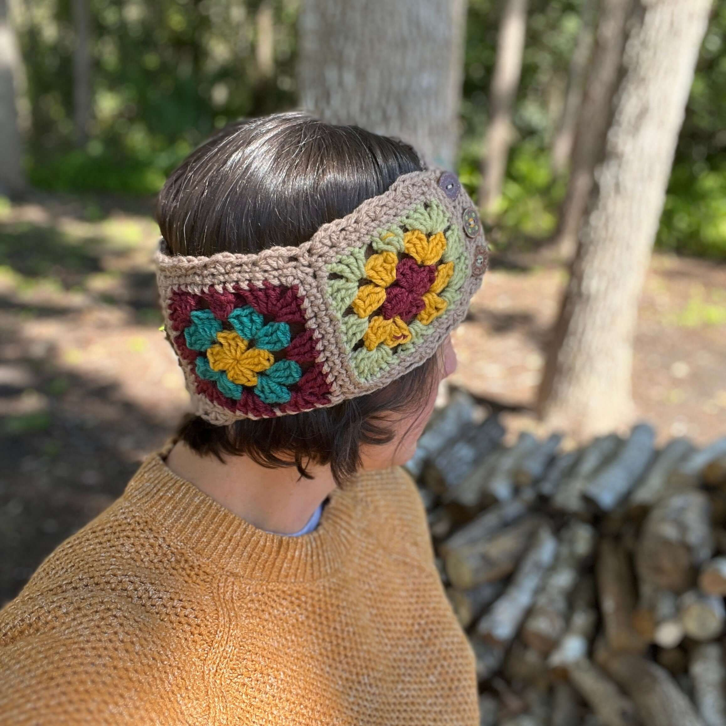Crocheted Granny Square Ear Warmer with Fleece Lining and Boho Buttons - Multi Color with Light Brown