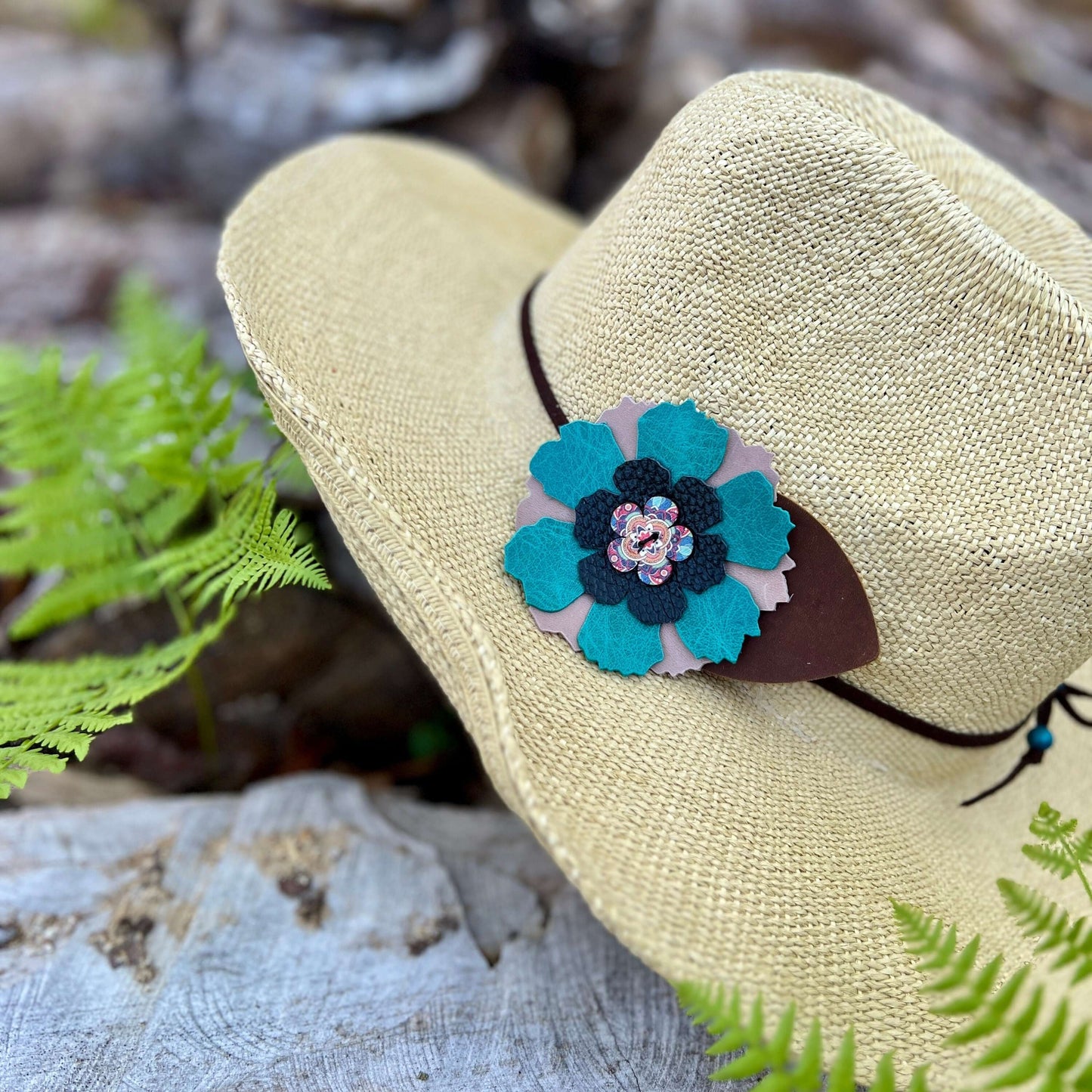 Flower Hat Band - Turquoise, Tan and Black Flower for Hat