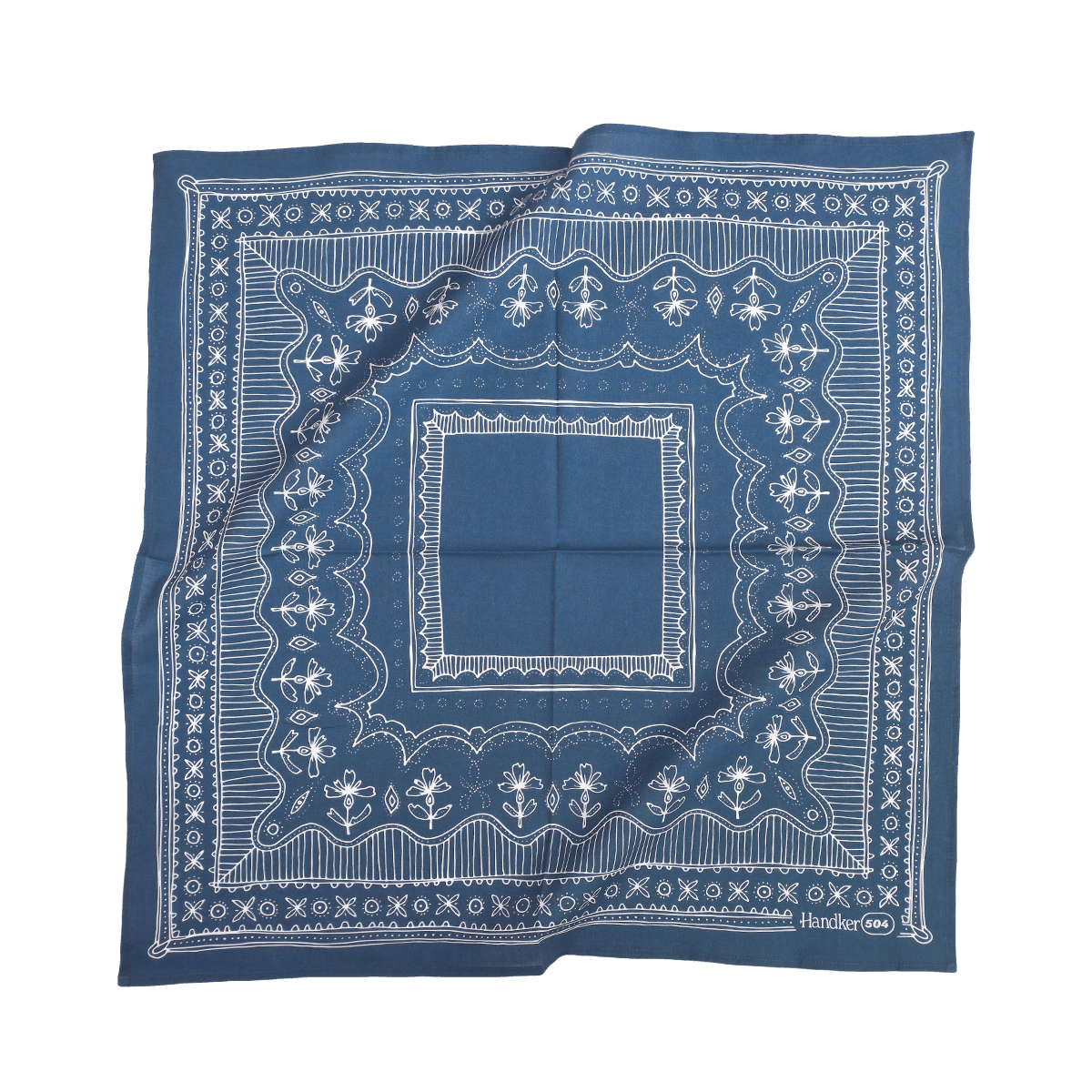 Blue bandana with white intricate patterns on a transparent background