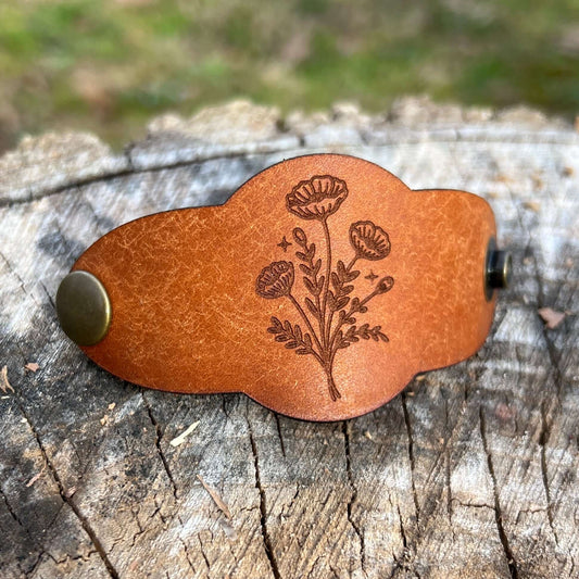 leather bandana slide with poppy flowers in rustic brown