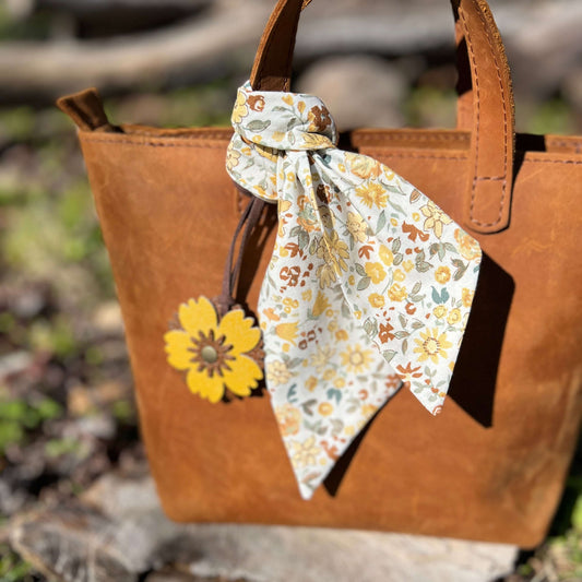 purse scarf in yellow floral on brown tote