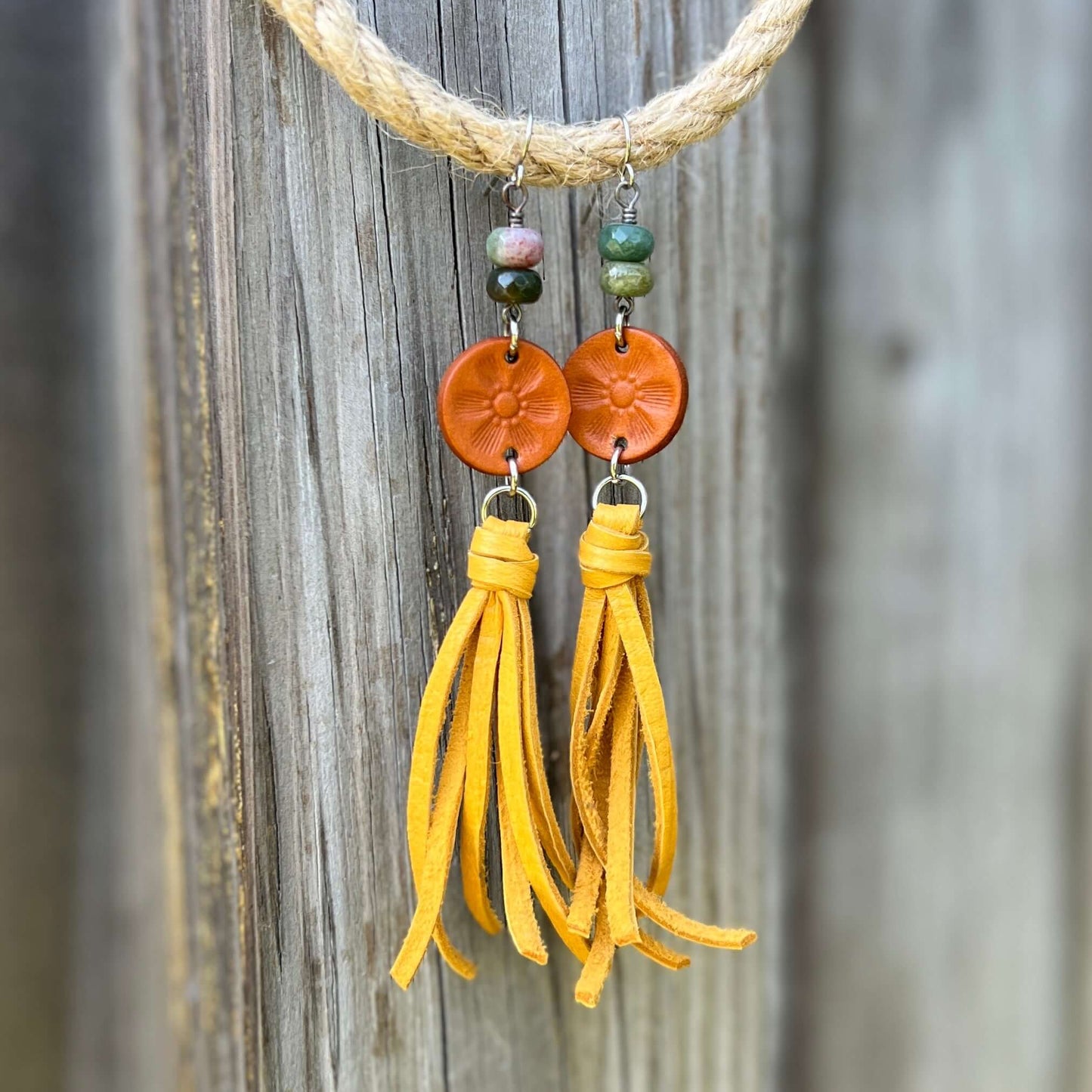 Leather Tassel Earrings - Golden with Fancy Jasper