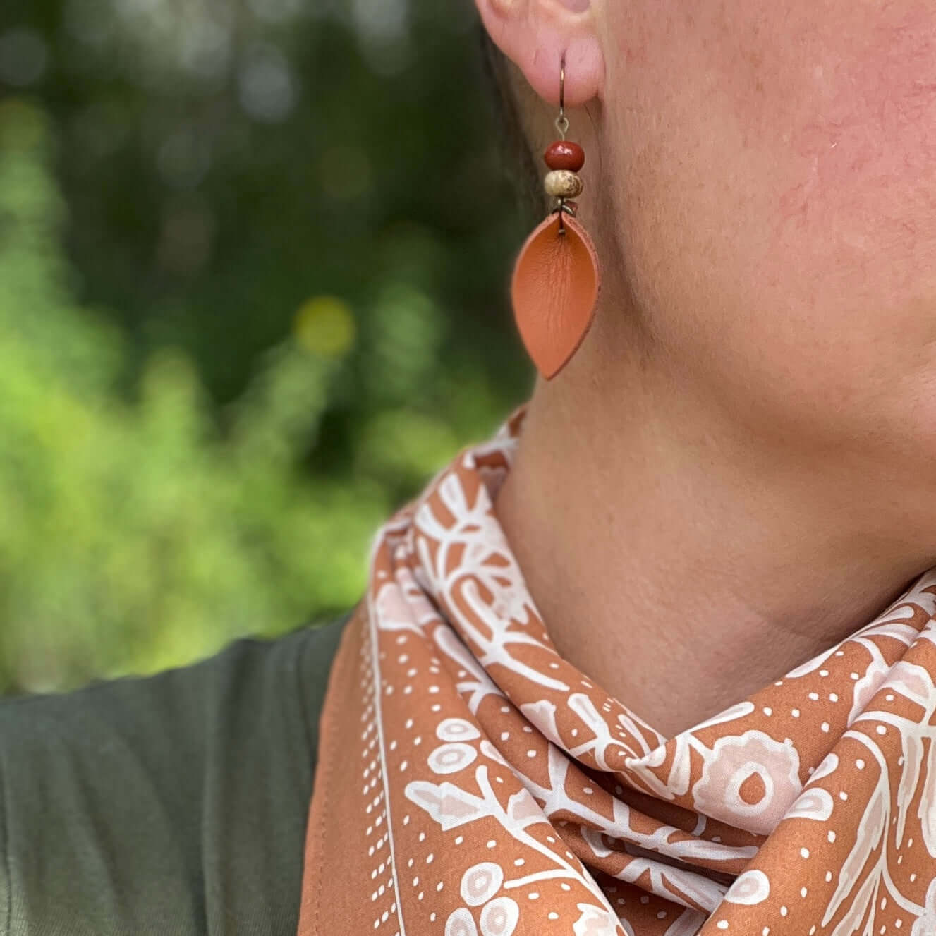 orange leather earrings with jasper