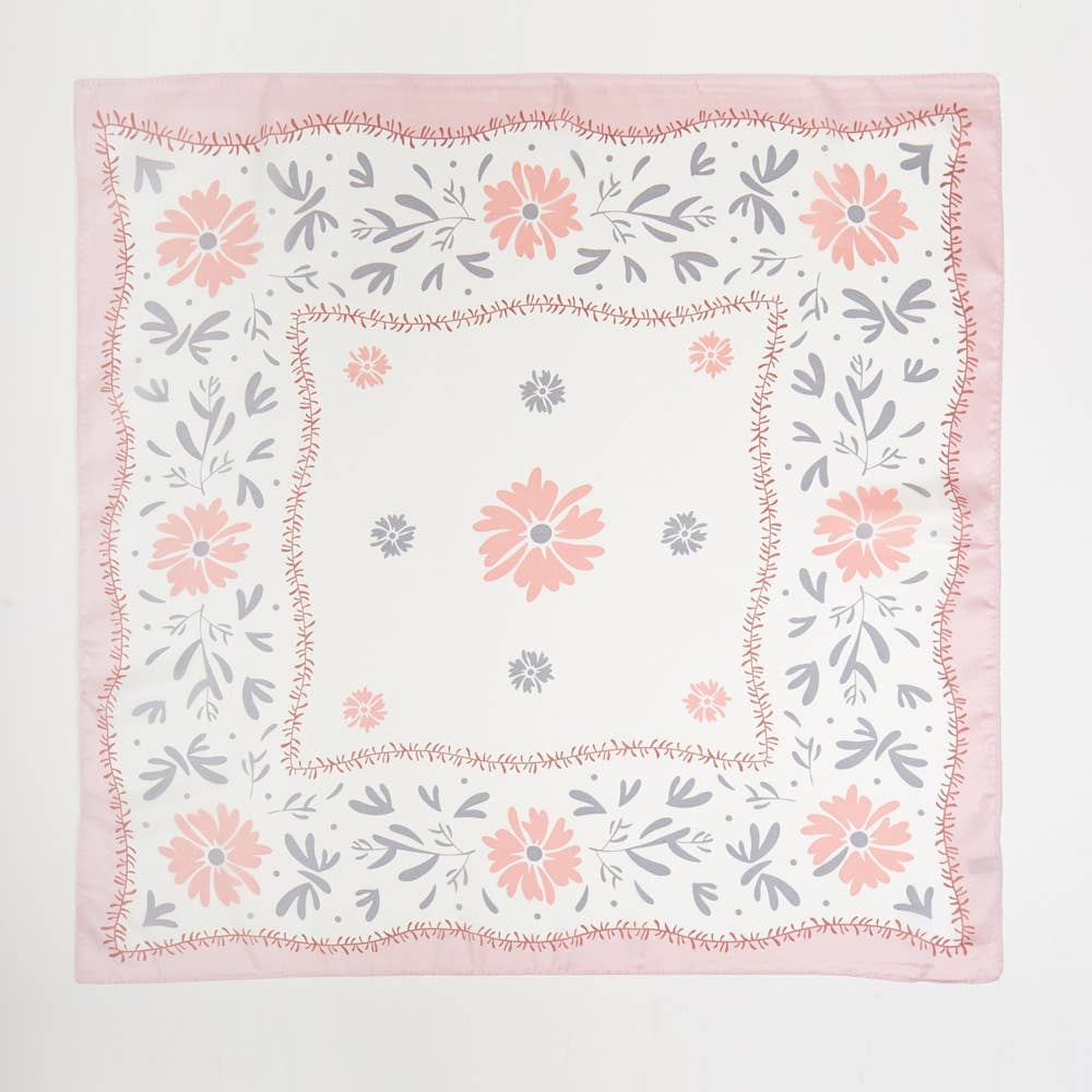 pink and gray floral square scarf on white background