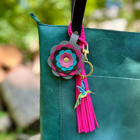 colorful pink and gray flower bag charm