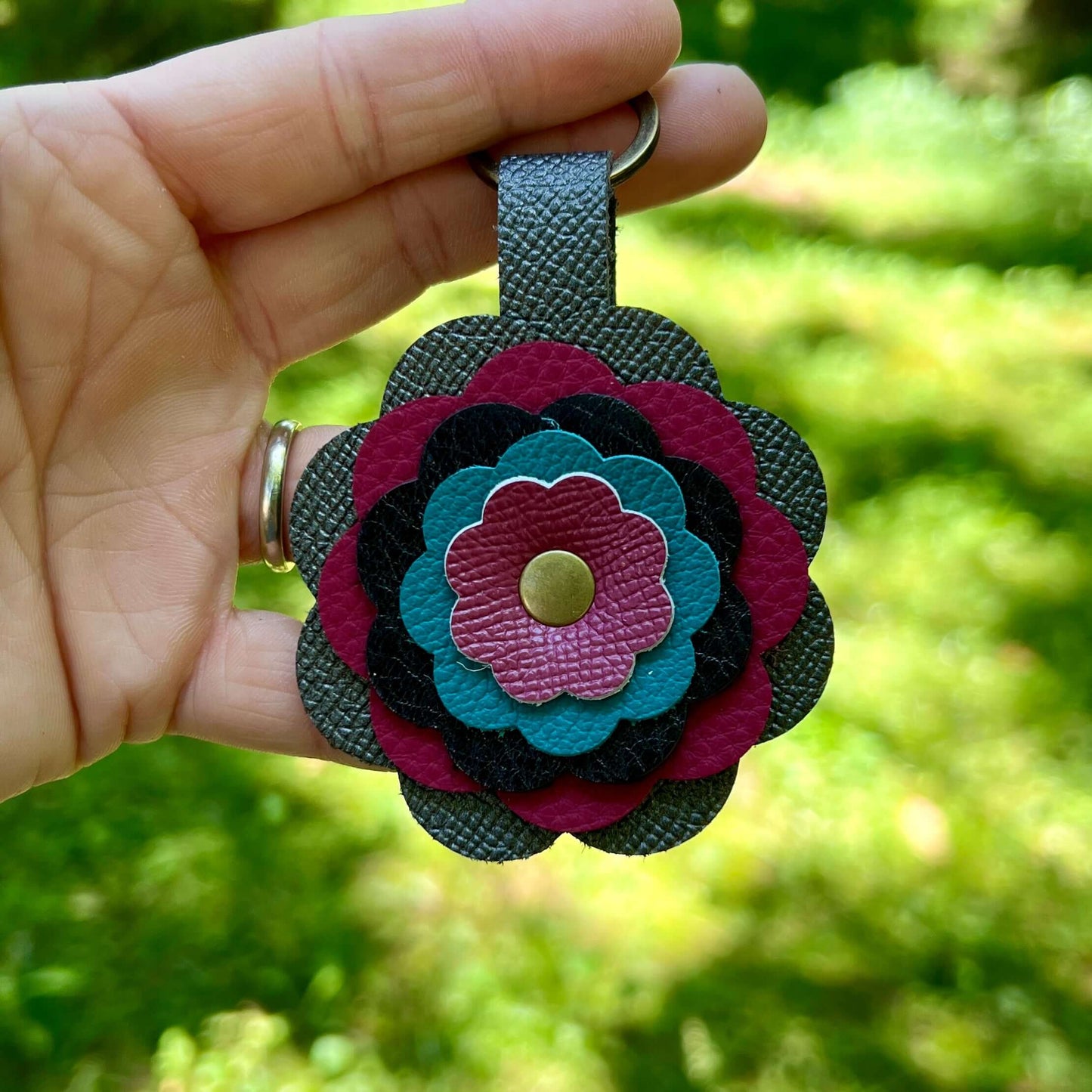 pink and gray leather flower bag charm