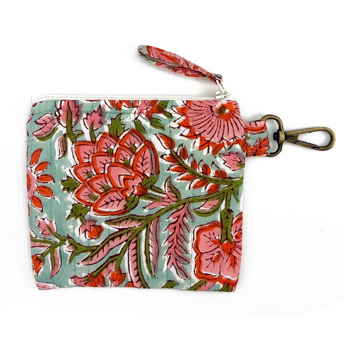 Floral patterned pouch with a strap on a white background