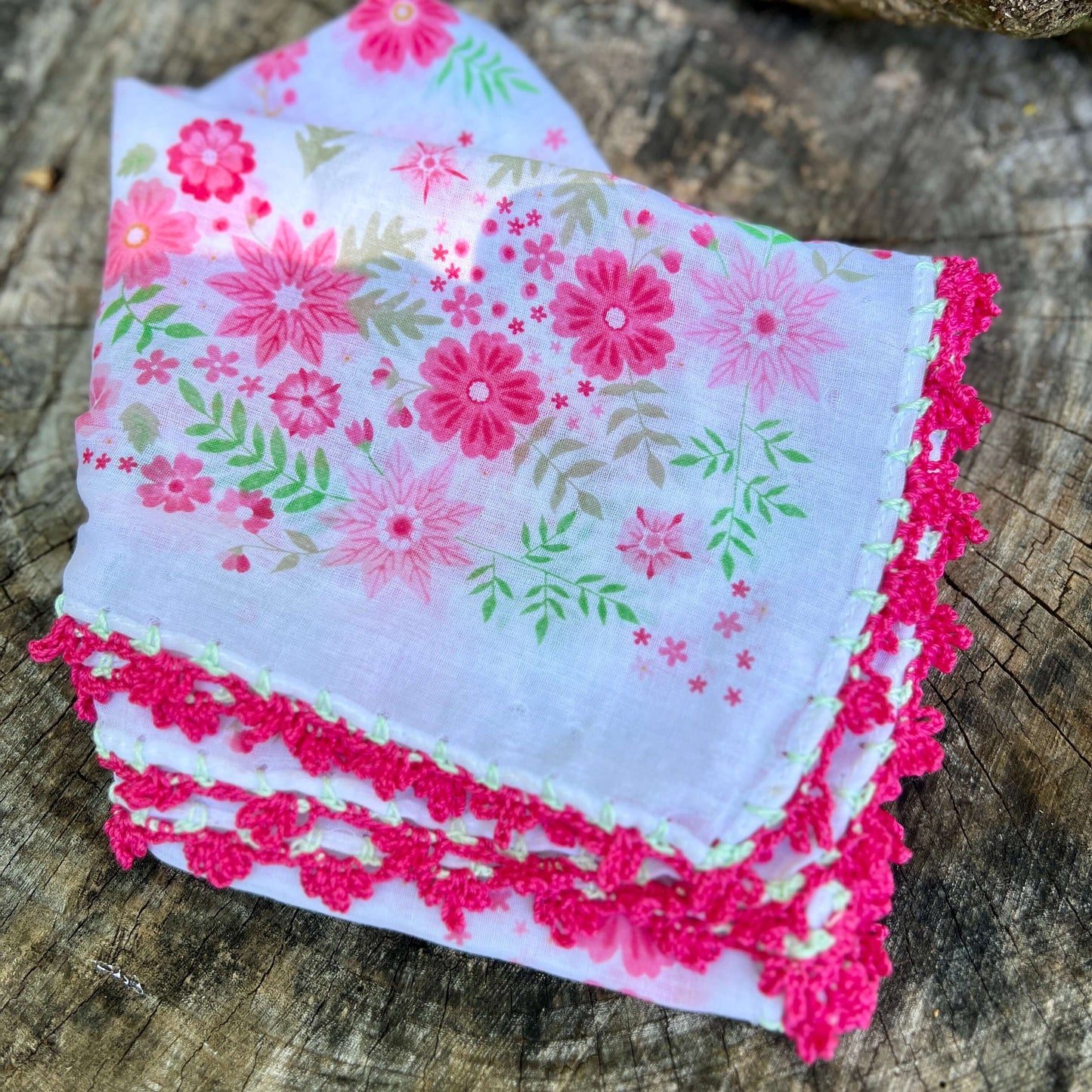 pink floral bandana scarf with crochet lace edging