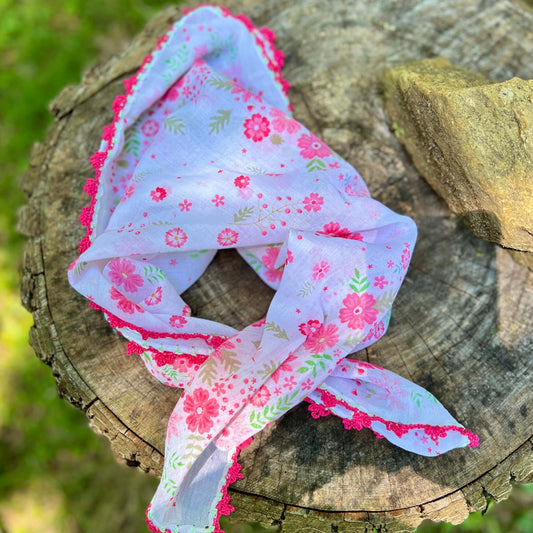 pink floral bandana scarf with crochet lace edging