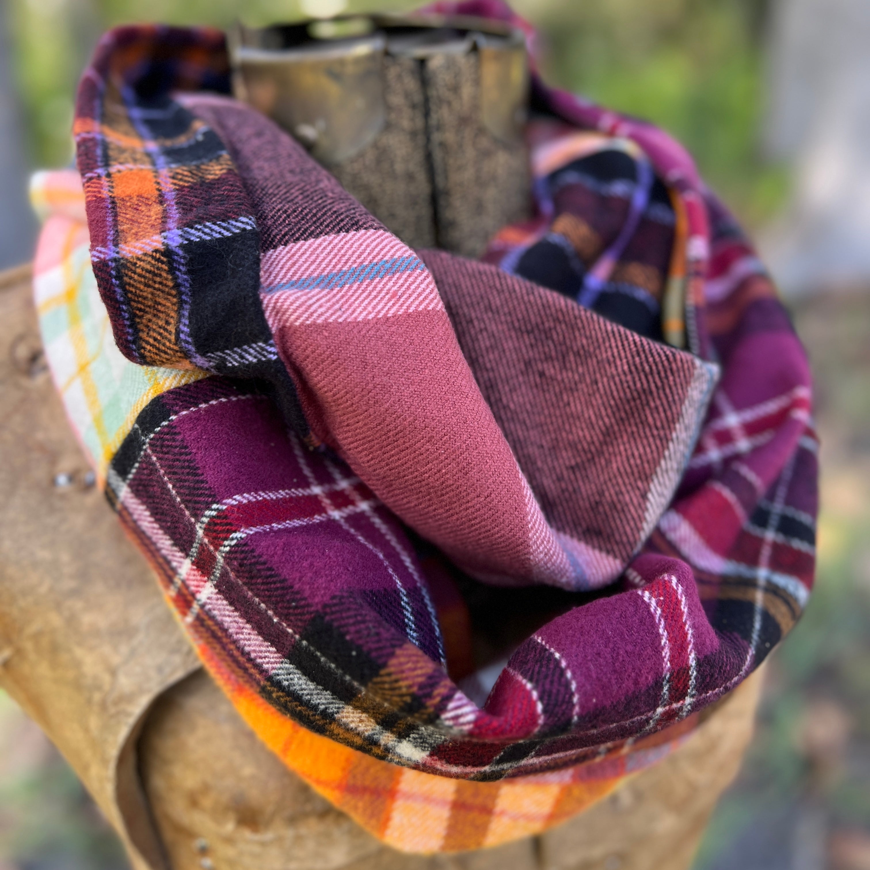 plaid patchwork scarf in purple plaid flannel