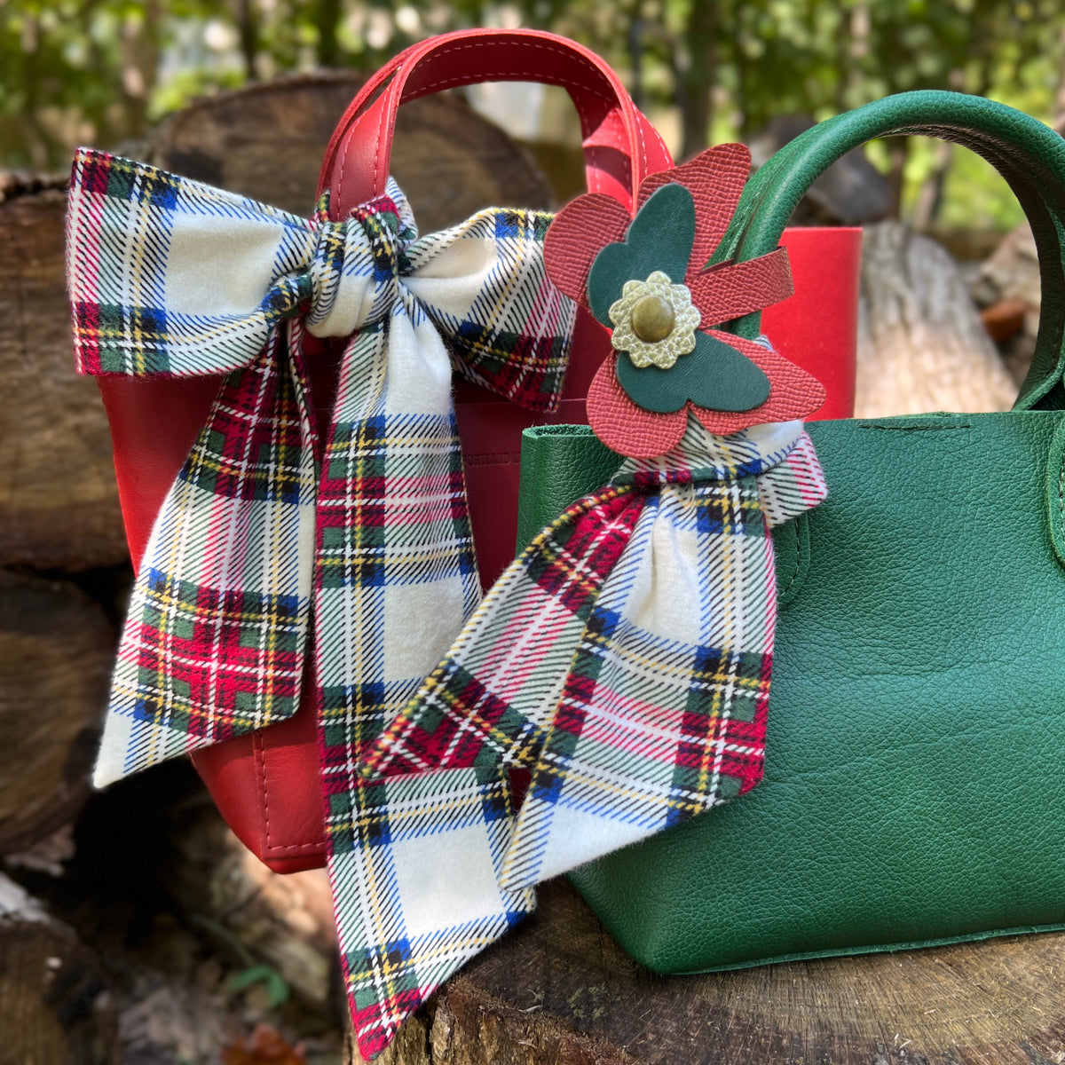 plaid holiday purse scarves on red and green purses