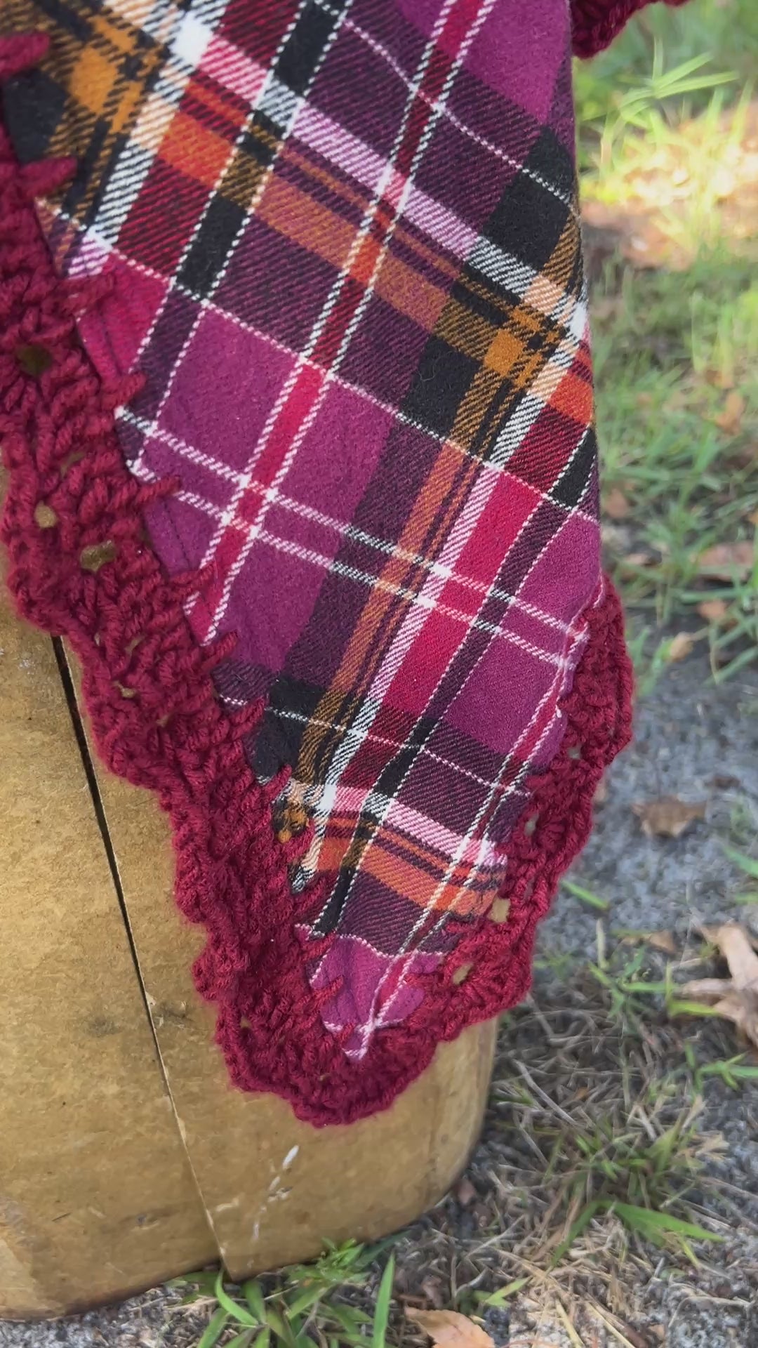 purple plaid flannel shawl with crochet trim