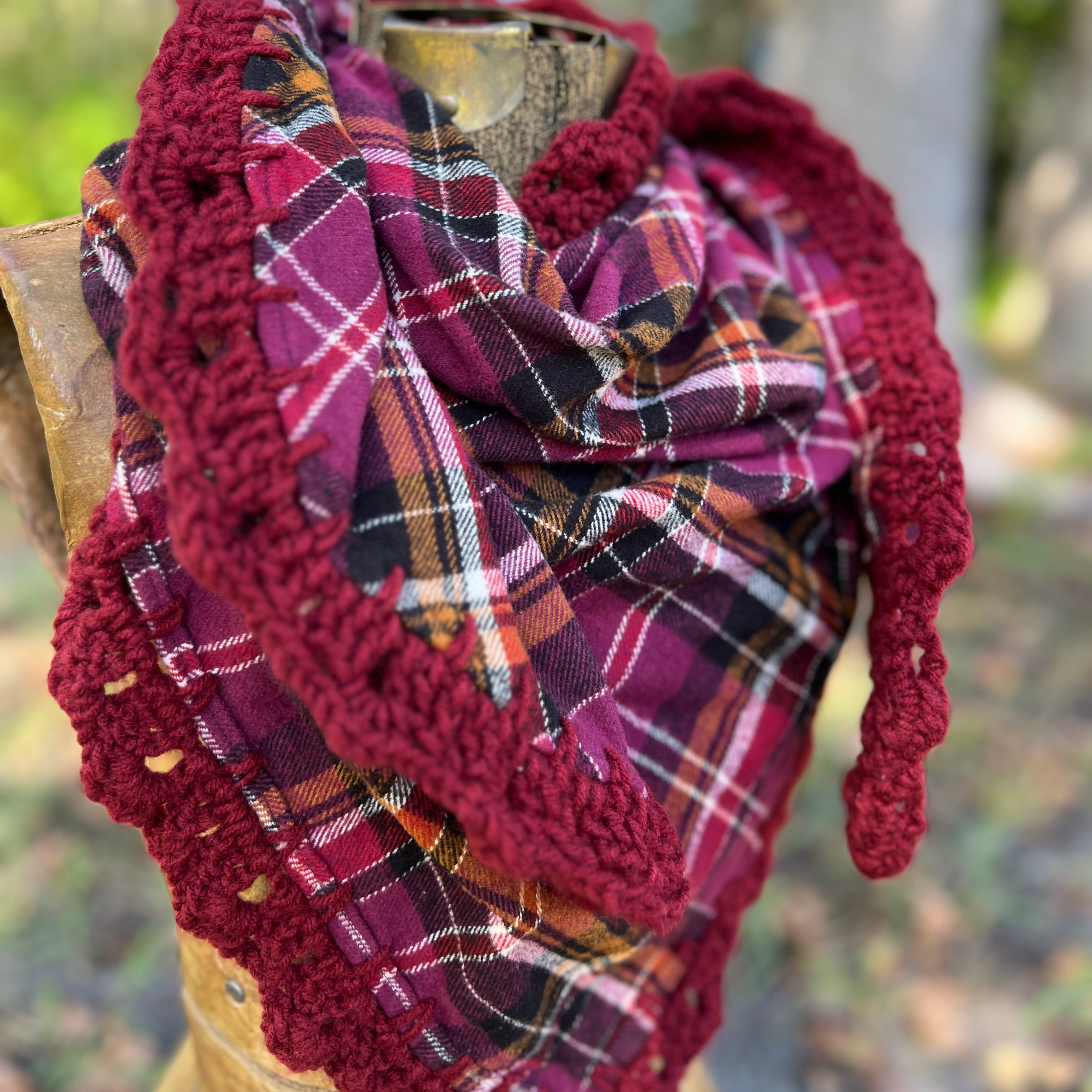 plaid flannel triangle scarf with crochet lace trim
