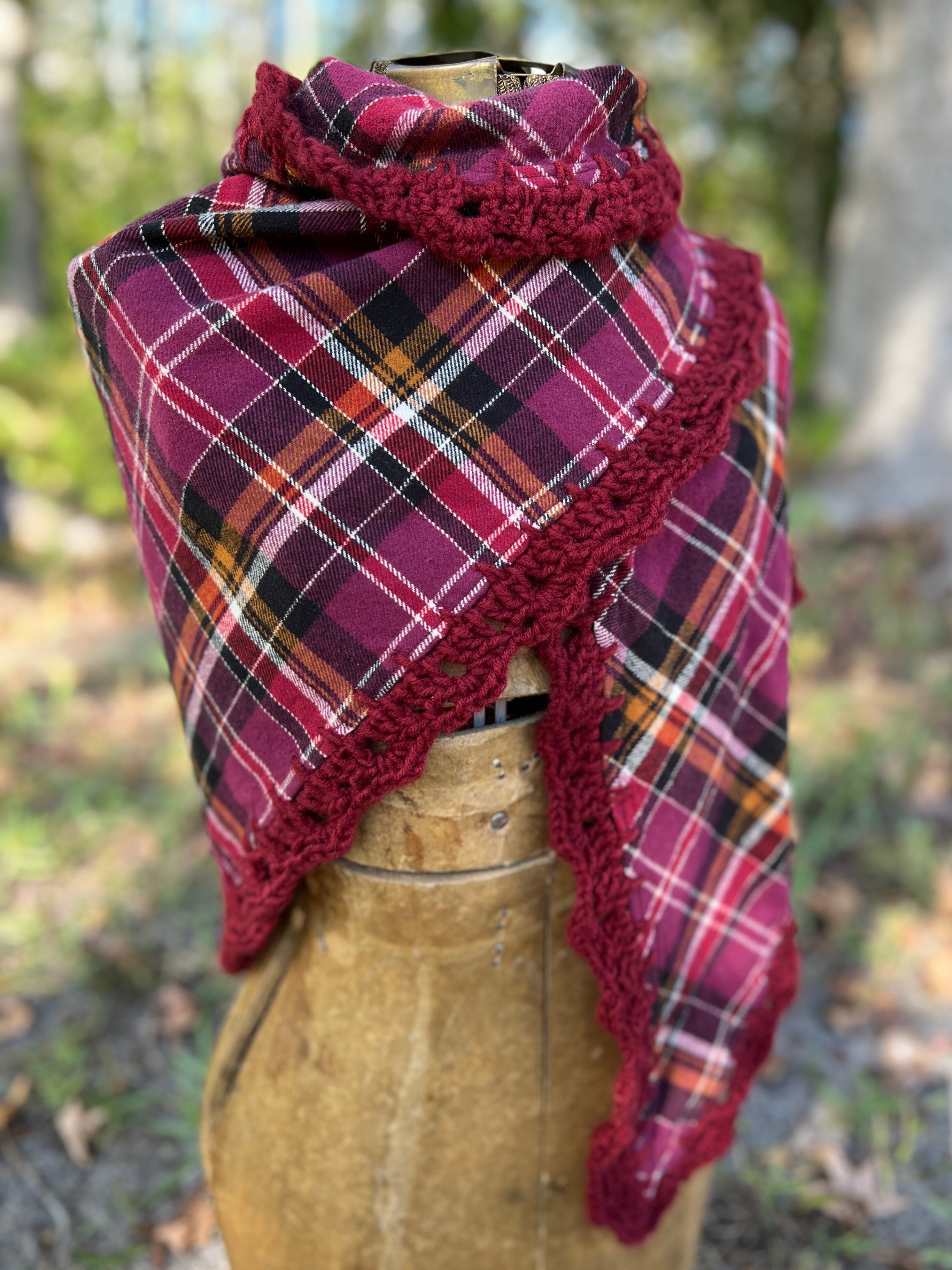 purple plaid flannel shawl with crochet trim