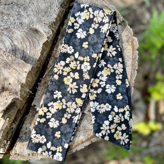 purse scarf in black and gold floral
