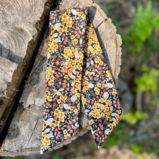 purse scarf in black and golden yellow floral