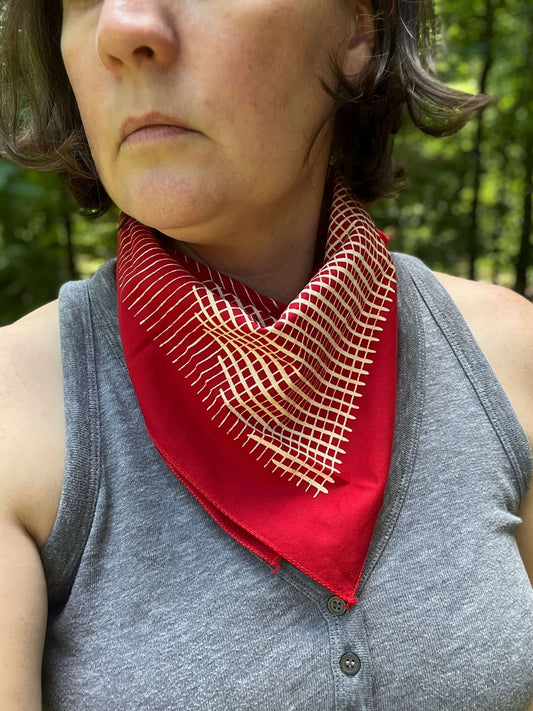Person wearing a red and white patterned scarf outdoors
