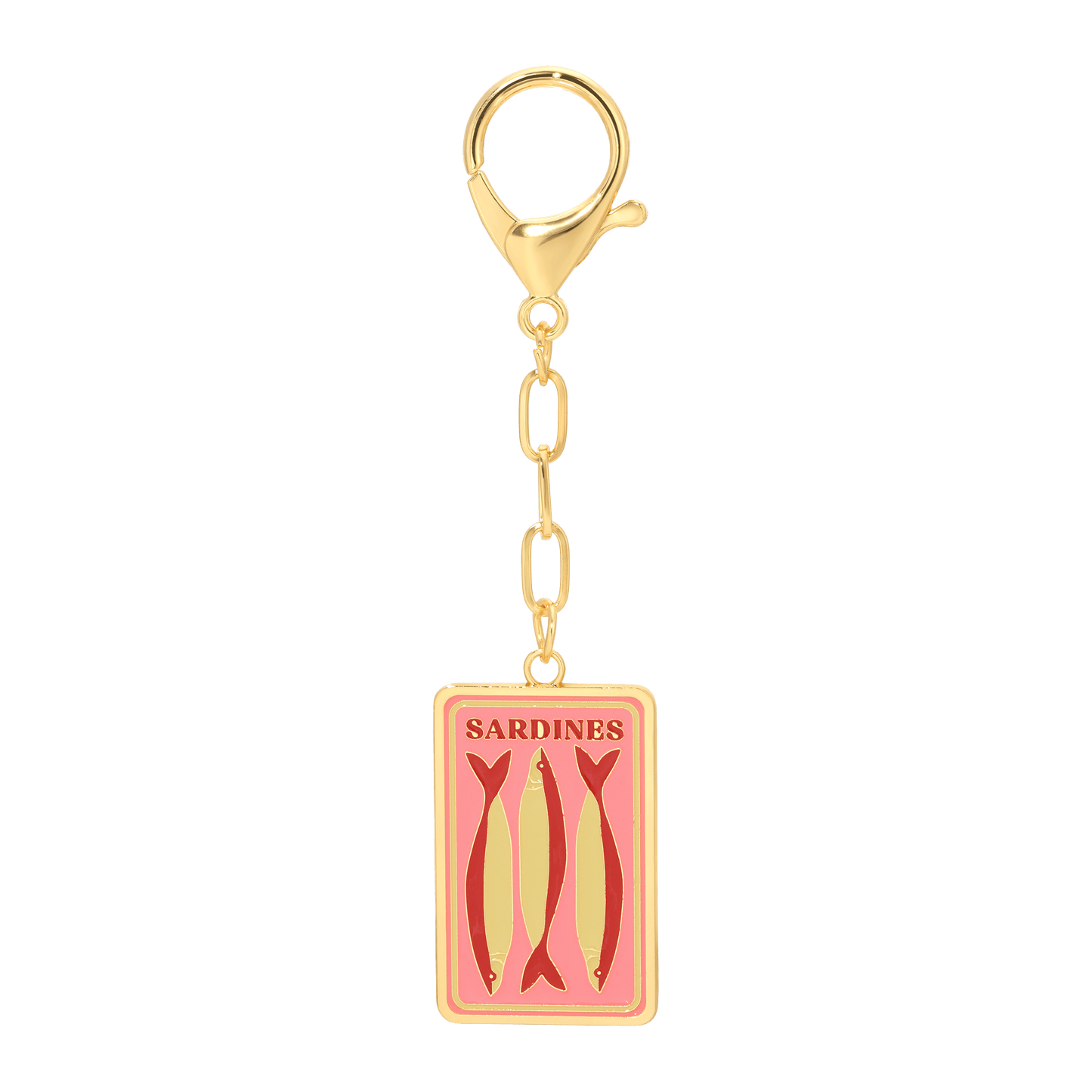 Gold charm with pink label featuring images of sardines on a white background