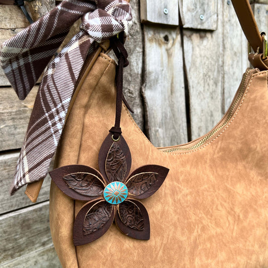 Leather Flower Bag Charm - Large Flower with Loop - Western Brown