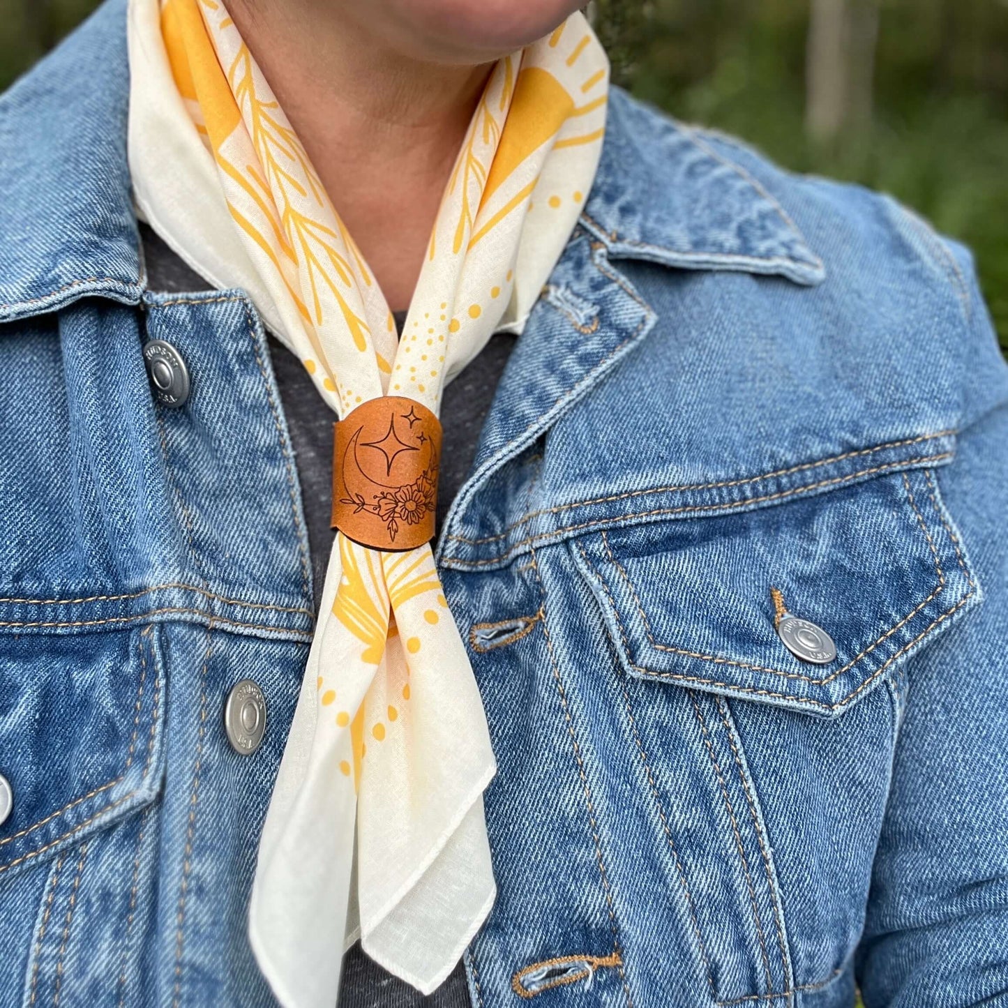 yellow poppy flower bandana style scarf with leather slide