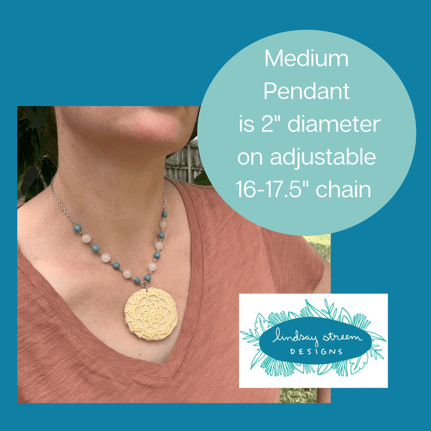 Boho Crochet Pendant Statement Necklace - Medium Pendant in Soft Yellow with Pink Aventurine