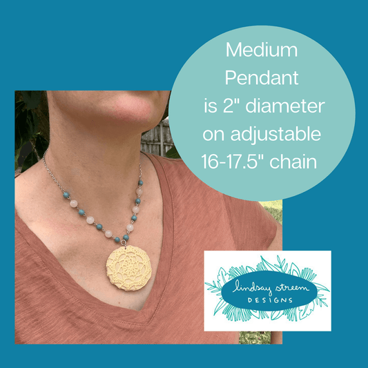 Boho Crochet Pendant Statement Necklace - Medium Pendant in Soft Yellow with Pink Aventurine
