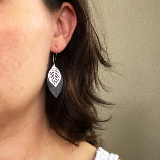 Leather Petal and Leaf Dangle Earrings in Rustic Brown