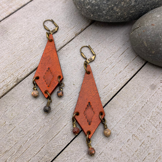 Western Style Leather Chandelier Earrings with Leopard Jasper