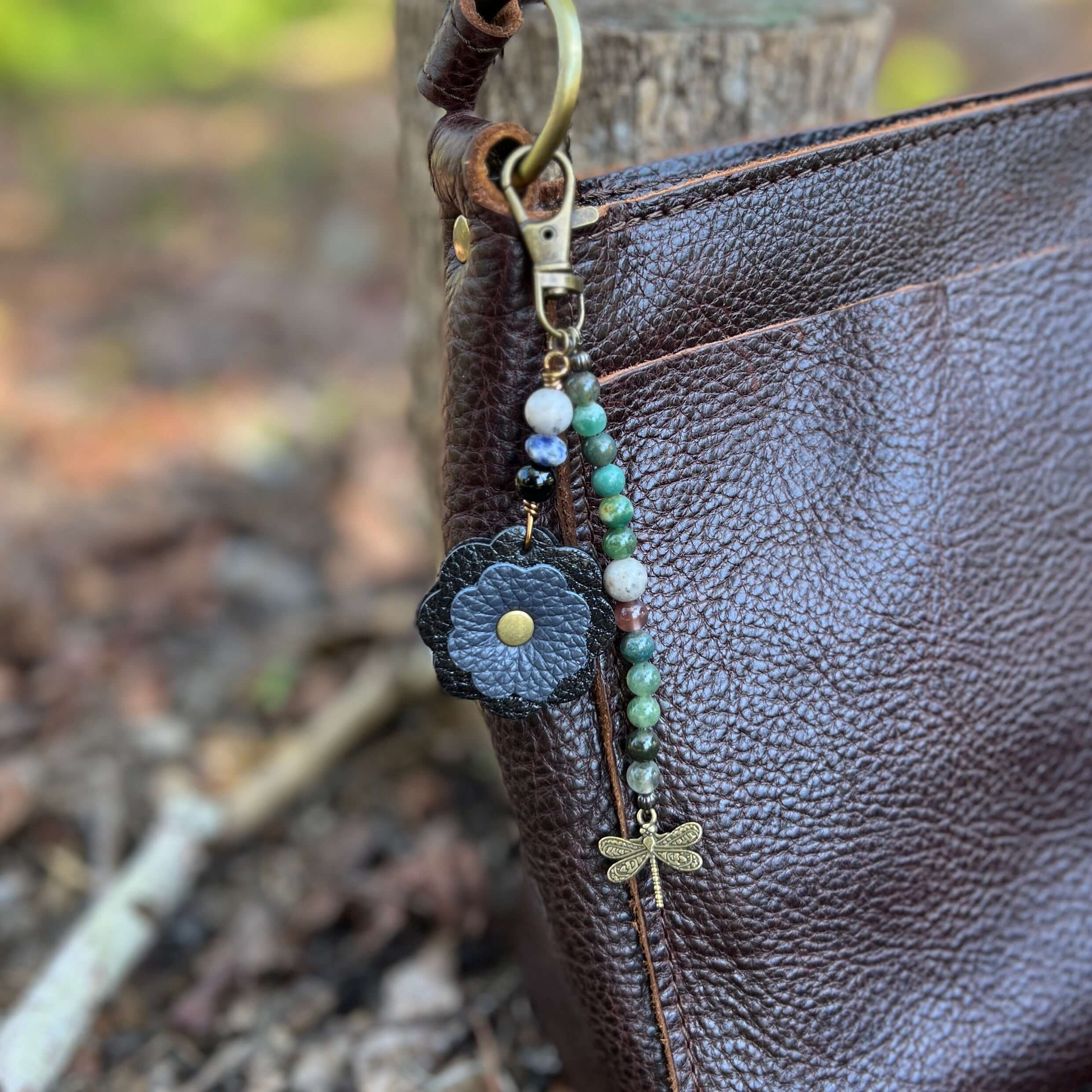 beaded bag charm with leather flower