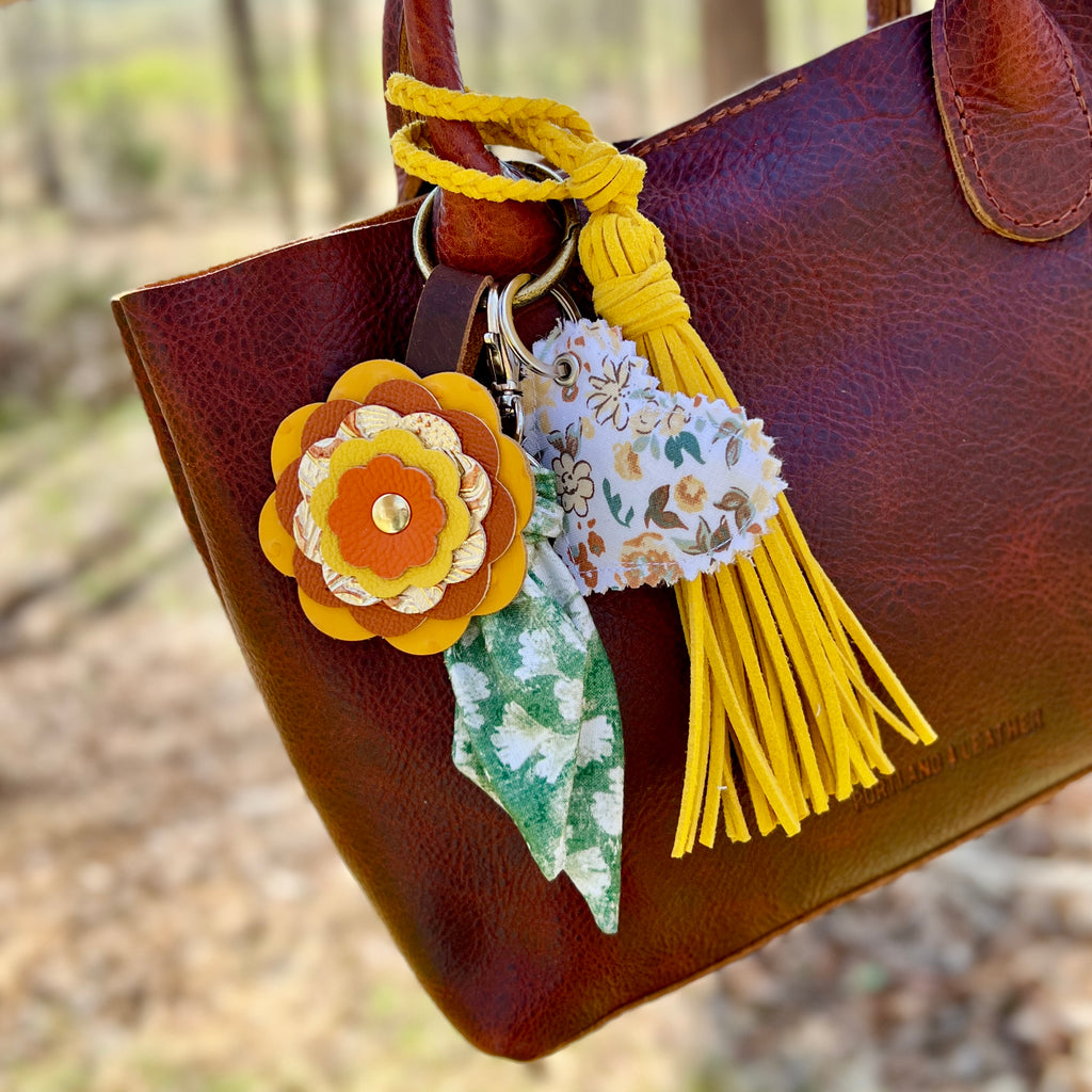 Leather Flower Bag Charm - Yellow and Orange