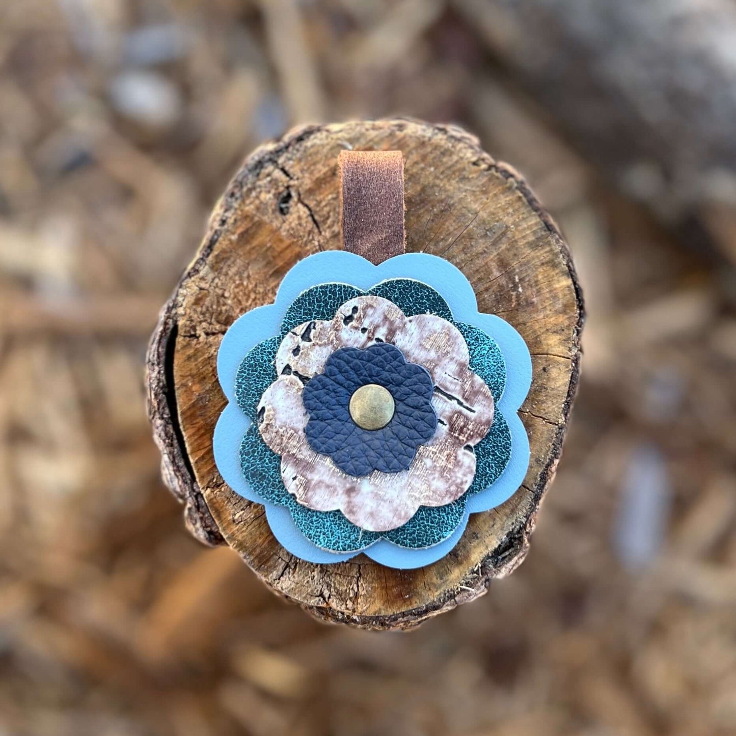 Leather Flower Bag Charm - Blue Gray, Green, Gold Woodgrain and Deep Blue