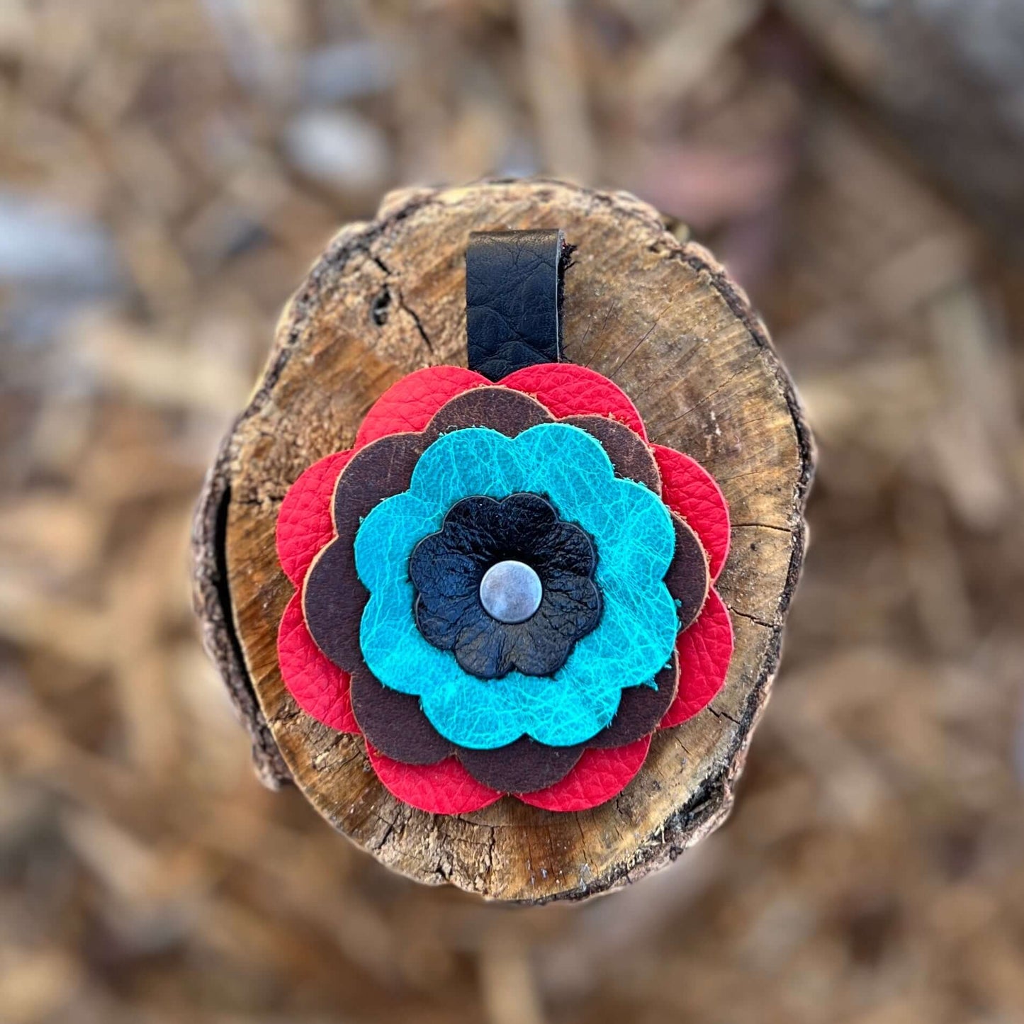 Leather Flower Bag Charm - Red, Brown, Turquoise and Black