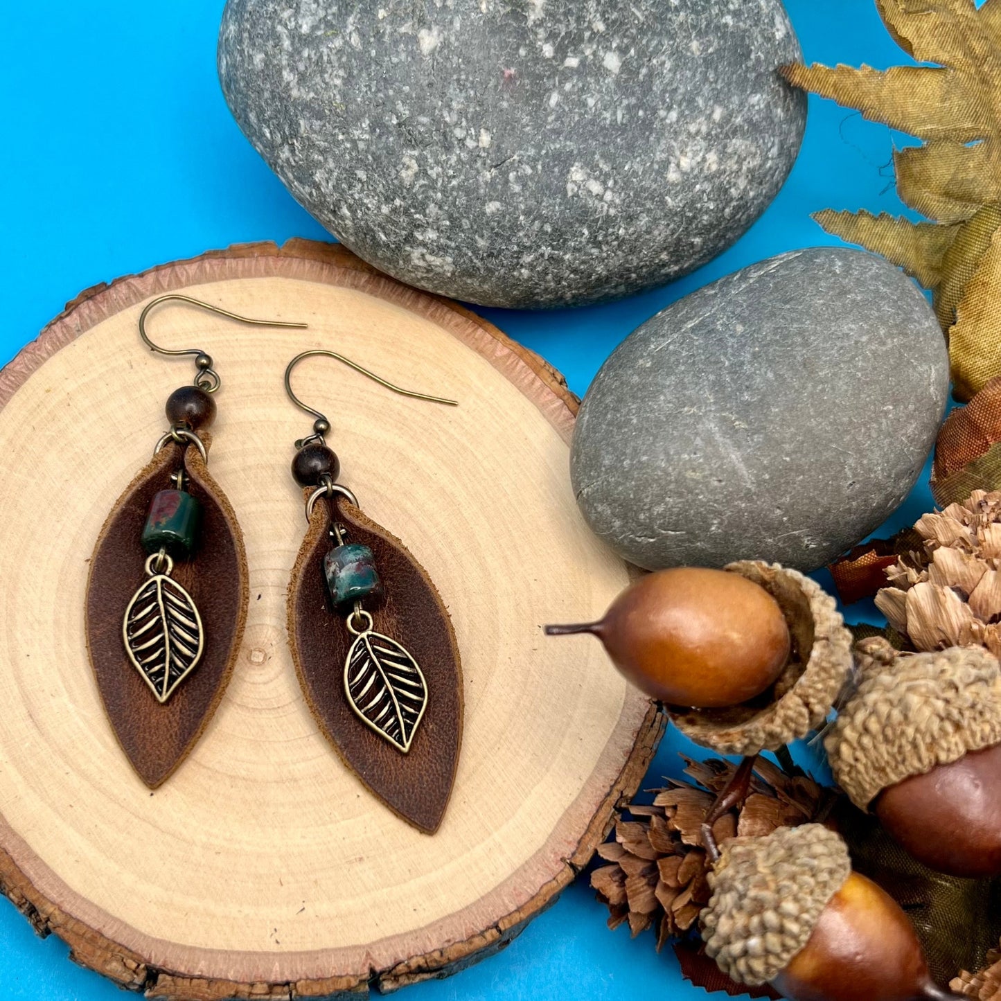 brown leather petal earrings with jasper and leaf dangle