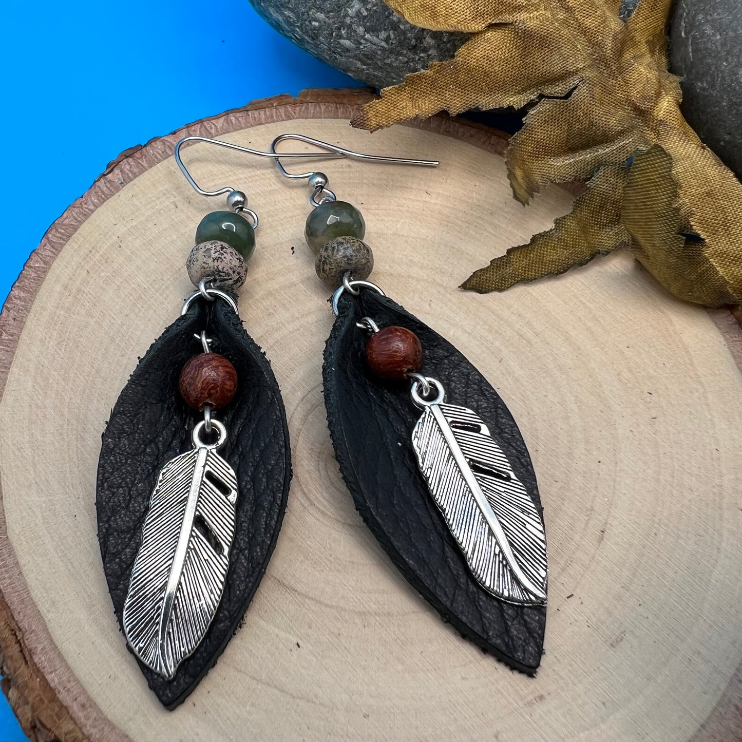 Leather Feather Dangle Earrings in Black