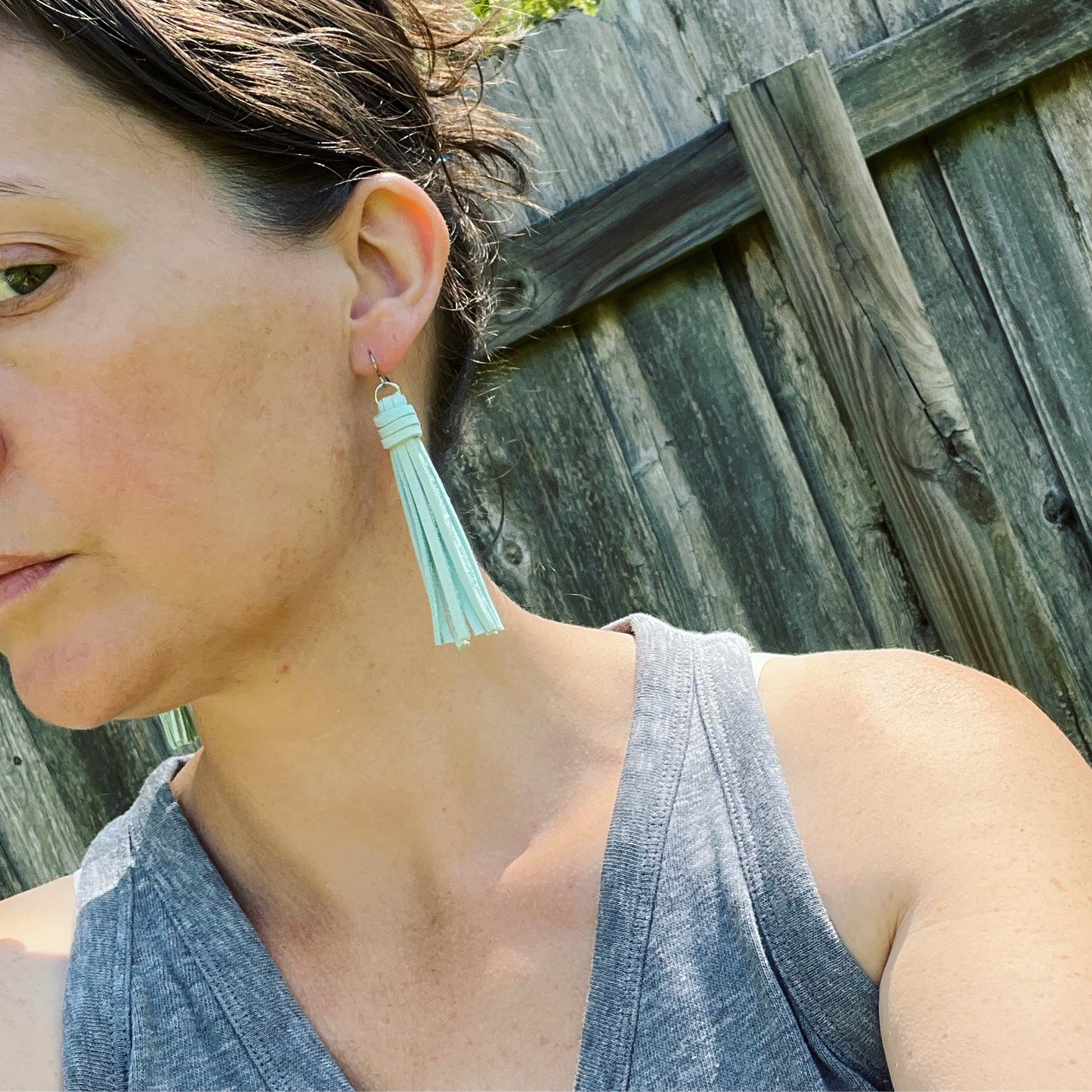 Tassel Earrings - Faux Suede in Dusty Blue