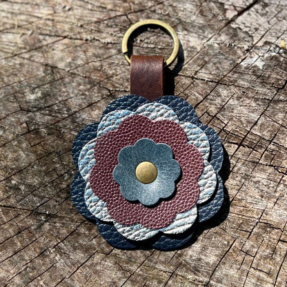 Leather Flower Bag Charm - Deep Blue, Gold, Plum Wine