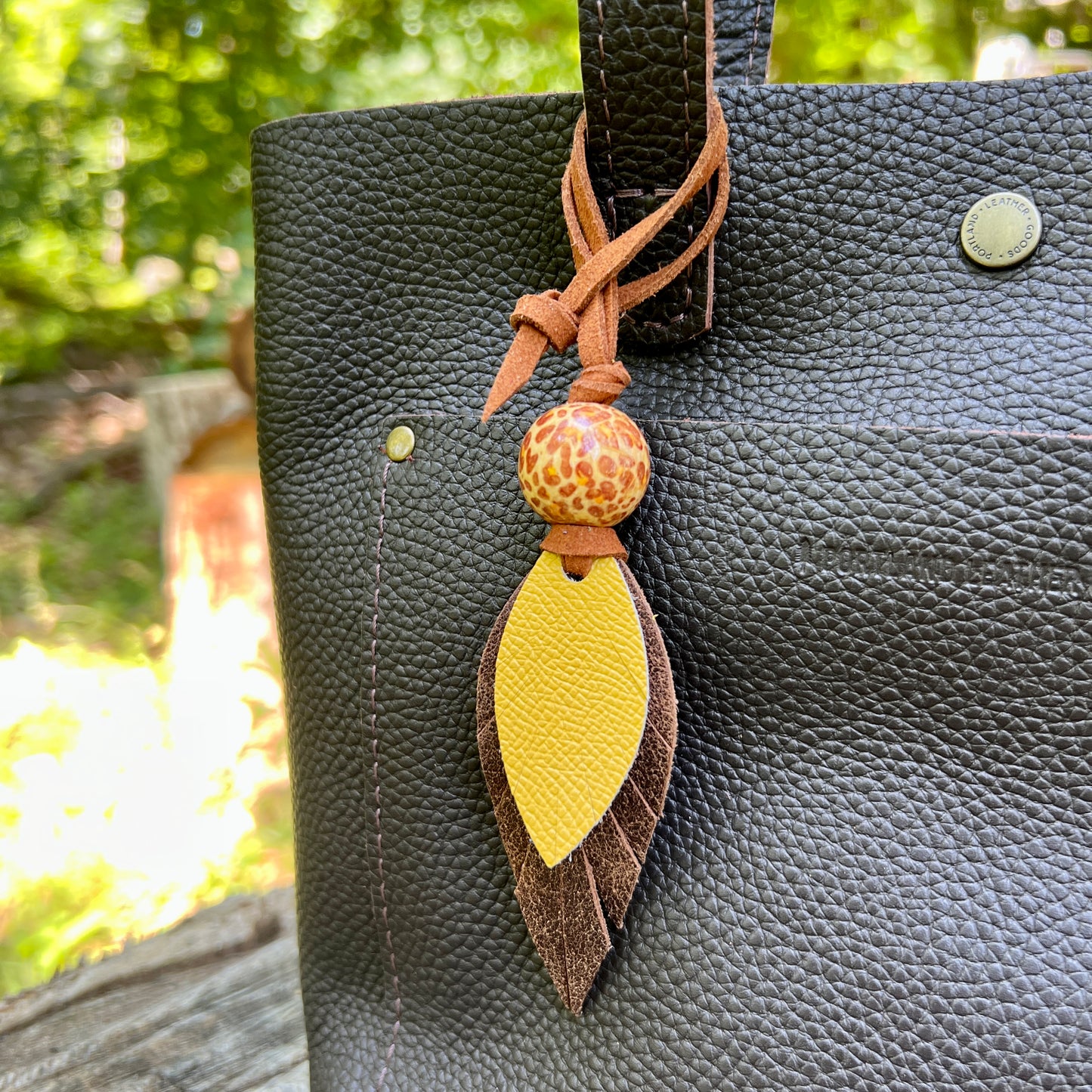 Leather Feather Bag Charm in Brown and Yellow