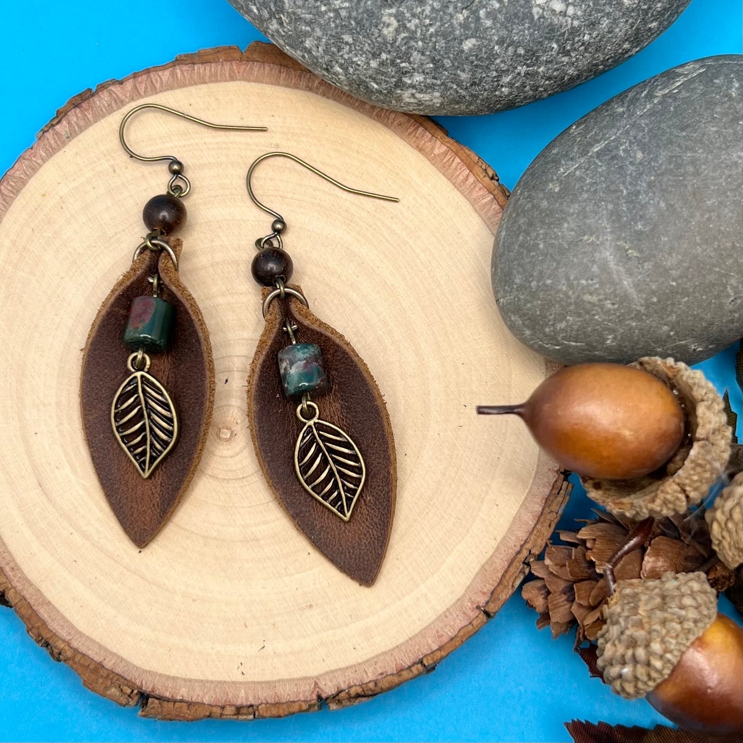 Leather Feather Dangle Earrings in Brown
