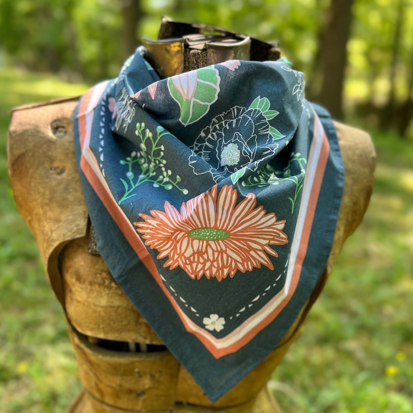 Calendula Blossom Bandana - 100% Cotton - Hand Printed Blue