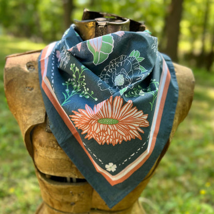 Calendula Blossom Bandana - 100% Cotton - Hand Printed Blue